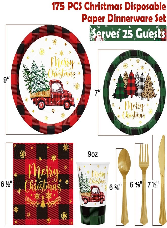 Qinline Christmas Party Decorations Supplies - 175 PCS Christmas Xmas Disposable Dinnerware Set(25 Guest) with Buffalo Plaid Truck Tree Paper Plates Napkin Cup Plastic Fork Knives Spoon for Holiday Decor - Image 4