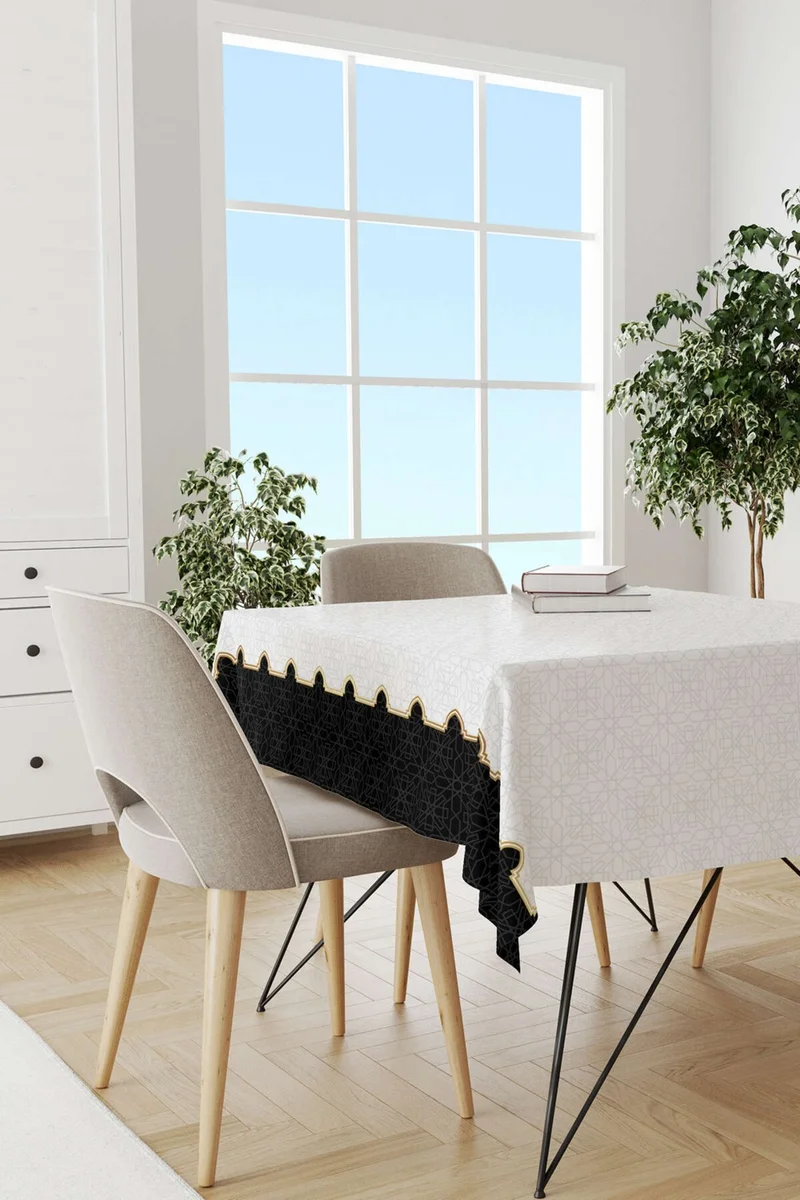 Cango Home Black and White Ramadan Themed Decorative Patterned Digital Printed Tablecloth CGH1310-MS