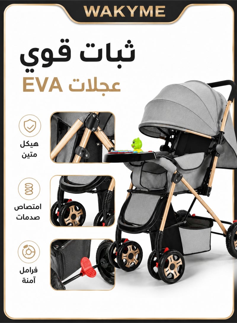 WAKYME Reversible Baby Stroller, Lightweight Foldable High-View Infant Trolley with Reclining Seat (0-3 Years), Includes Summer/Winter Cooling Mat, Mosquito Net, Cup Holder & Storage Basket – Travel Compact Pushchair for Baby Boy or Girl (Grey) - Image 3