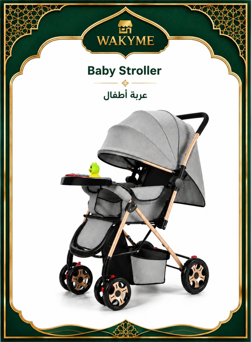 WAKYME Reversible Baby Stroller, Lightweight Foldable High-View Infant Trolley with Reclining Seat (0-3 Years), Includes Summer/Winter Cooling Mat, Mosquito Net, Cup Holder & Storage Basket – Travel Compact Pushchair for Baby Boy or Girl (Grey) - Image 1