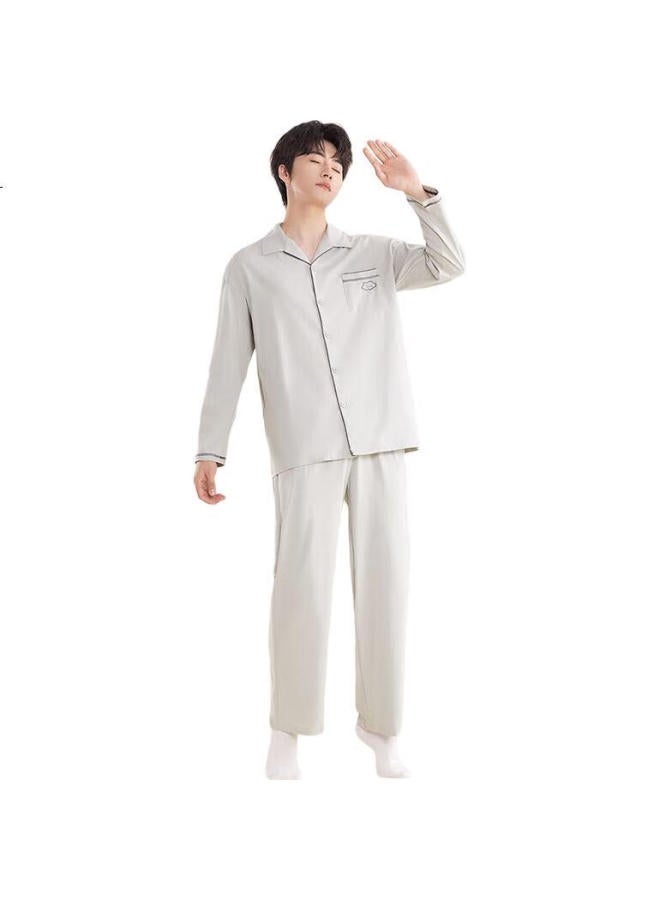 hongdou Men'S Pajamas, Pure Cotton, Antibacterial, Cloud-Style, Simple, Couple'S Cardigan, Long-Sleeve, Home Wear Set [Spring And Summer New Arrival] - Image 3