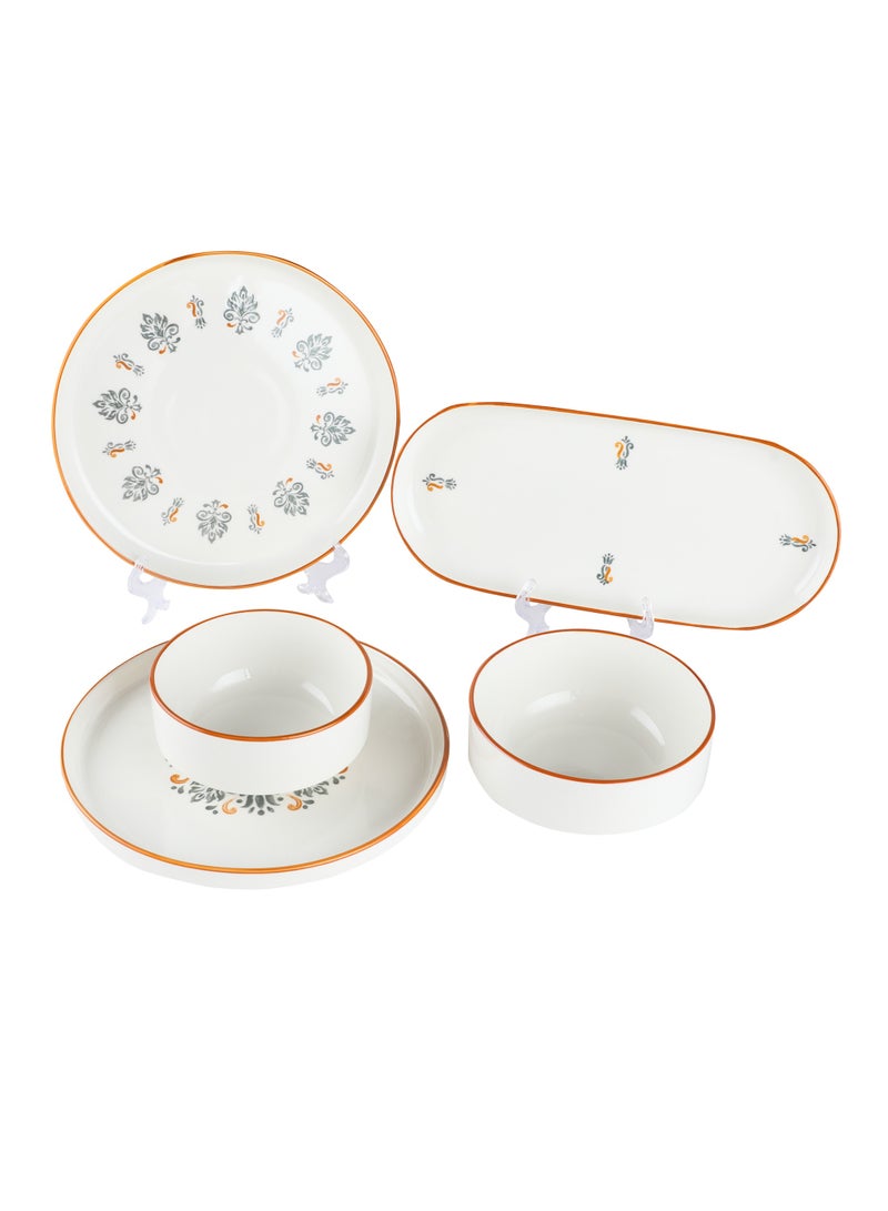 Noon East 14 Piece Porcelain Breakfast Set | Serves 6 | 6 Salad Plates, 2 Oval Plates, 4 Small Bowls, 2 Big Bowls | Dishwasher and Microwave Safe | Black & Orange Design - Image 5