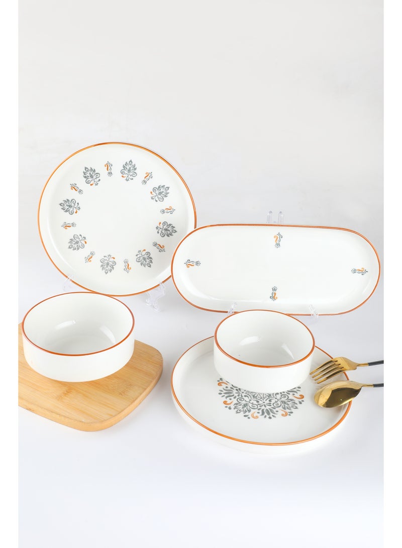 Noon East 14 Piece Porcelain Breakfast Set | Serves 6 | 6 Salad Plates, 2 Oval Plates, 4 Small Bowls, 2 Big Bowls | Dishwasher and Microwave Safe | Black & Orange Design - Image 4