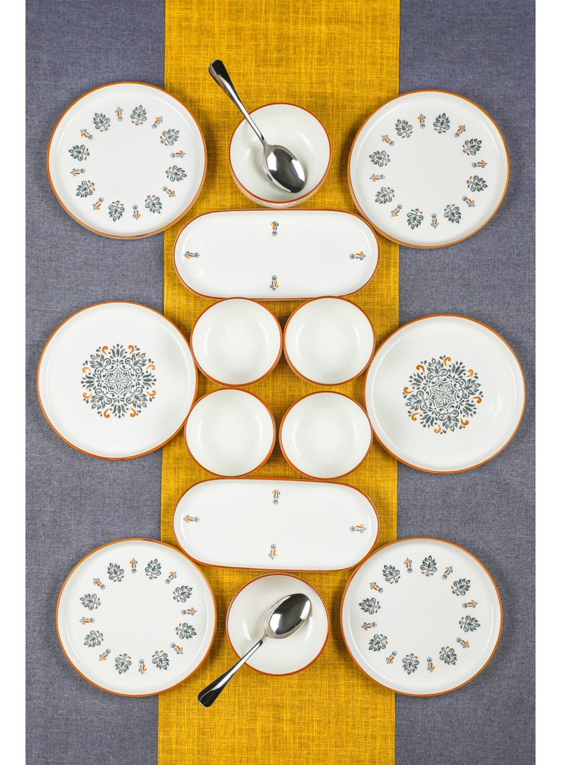 Noon East 14 Piece Porcelain Breakfast Set | Serves 6 | 6 Salad Plates, 2 Oval Plates, 4 Small Bowls, 2 Big Bowls | Dishwasher and Microwave Safe | Black & Orange Design - Image 1