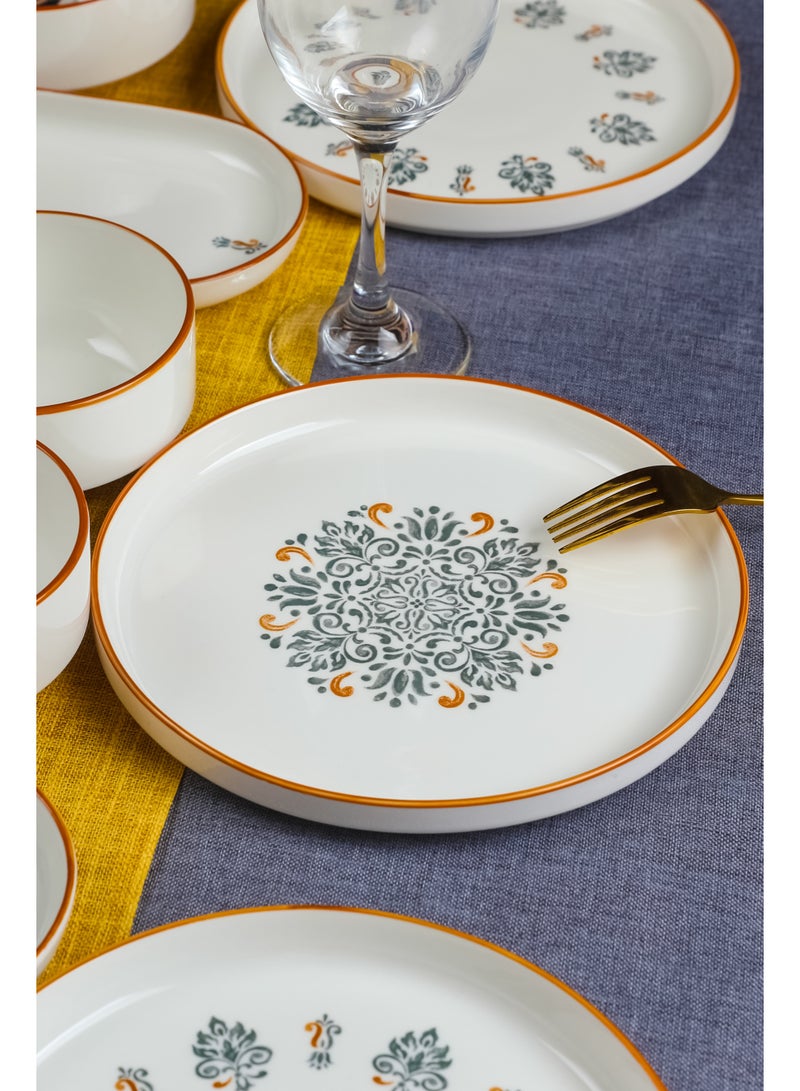 Noon East 14 Piece Porcelain Breakfast Set | Serves 6 | 6 Salad Plates, 2 Oval Plates, 4 Small Bowls, 2 Big Bowls | Dishwasher and Microwave Safe | Black & Orange Design - Image 2
