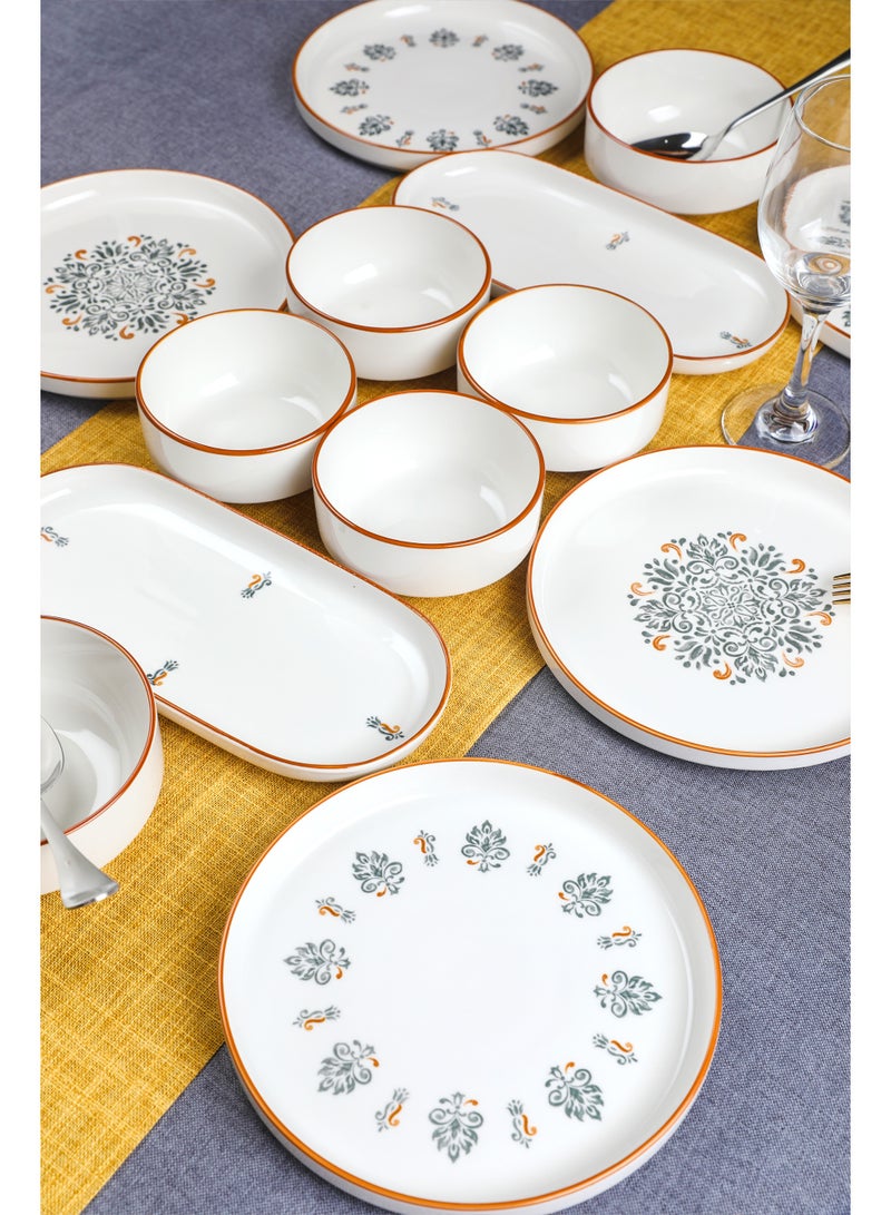 Noon East 14 Piece Porcelain Breakfast Set | Serves 6 | 6 Salad Plates, 2 Oval Plates, 4 Small Bowls, 2 Big Bowls | Dishwasher and Microwave Safe | Black & Orange Design - Image 3