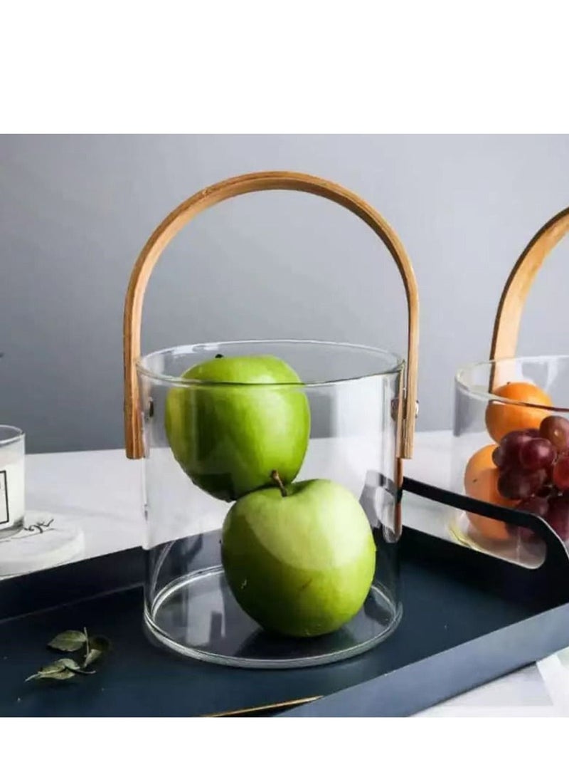 Scandinavian Style Glass Fruit Plate, Clear Wine Bucket, Salad Bowl, Home Snacks, Wooden Handle Fruit Storage Basket  - Image 1