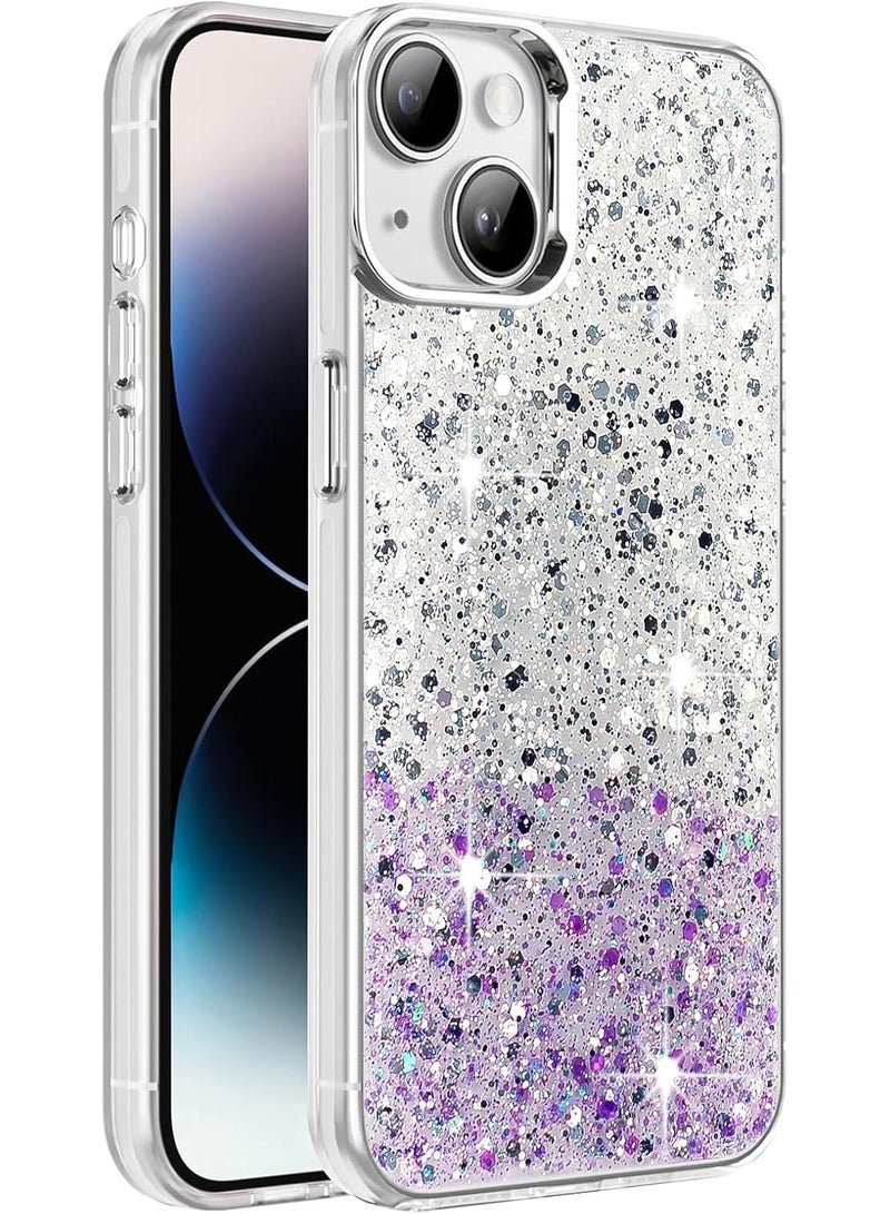 Compatible with iPhone 14 Case/iPhone 13 Case, Clear Glitter Bling Sparkly, Soft TPU Frame Bumper, Hard-Back Cover for Women & Girls, Transparent Protective (White Purple) - Image 1