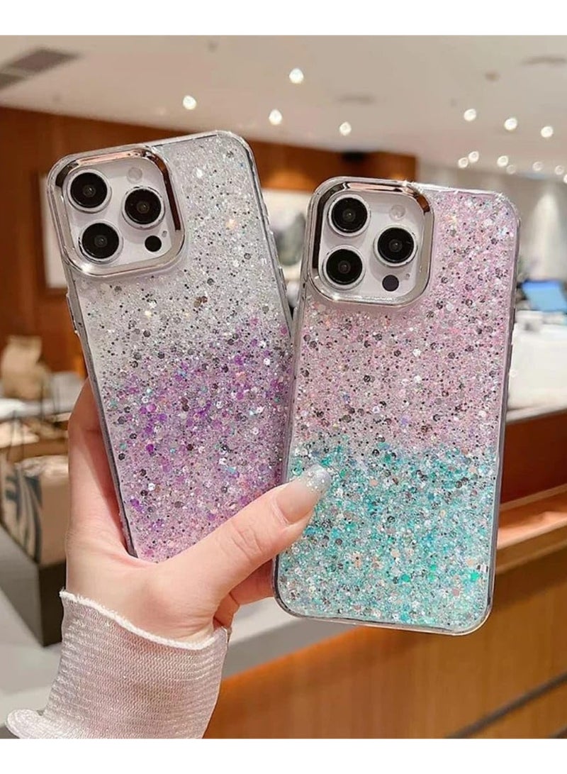 Compatible with iPhone 14 Case/iPhone 13 Case, Clear Glitter Bling Sparkly, Soft TPU Frame Bumper, Hard-Back Cover for Women & Girls, Transparent Protective (White Purple) - Image 3