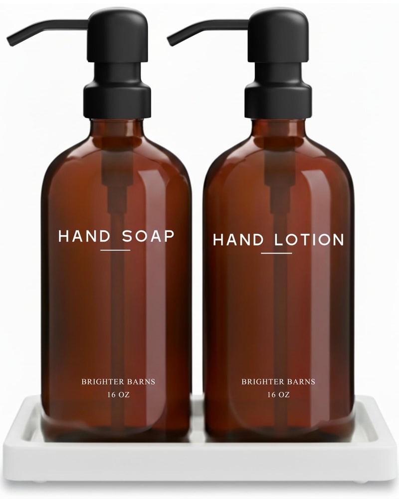 Amber Glass Soap and Lotion Dispenser Set with Tray by Brighter Barns Hand Soap Dispenser Bathroom Set Stainless Steel Pump for Home Restaurant Spa Neutral Bathroom Decor Accessories Amber