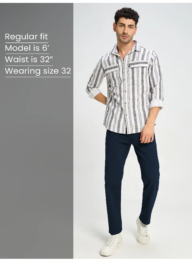 Beyoung BEYOUNG Casual Regular-fit Dark Blue Chino Pants for Men