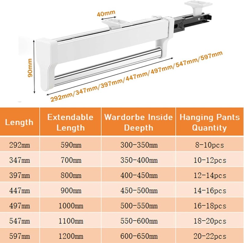 MAFAGE Extendable clothes rail for pulling out the hanger, adjustable wardrobe, telescopic rod, clothes rail, 292 mm, white - Image 2