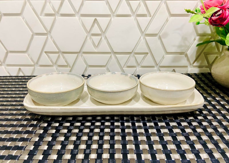 ALTAICA Prime Porcelain Serving Platter with Three Dip Bowls for Snacks, Starter - Perfect for Modern Kitchen- Beige Colur - Image 1