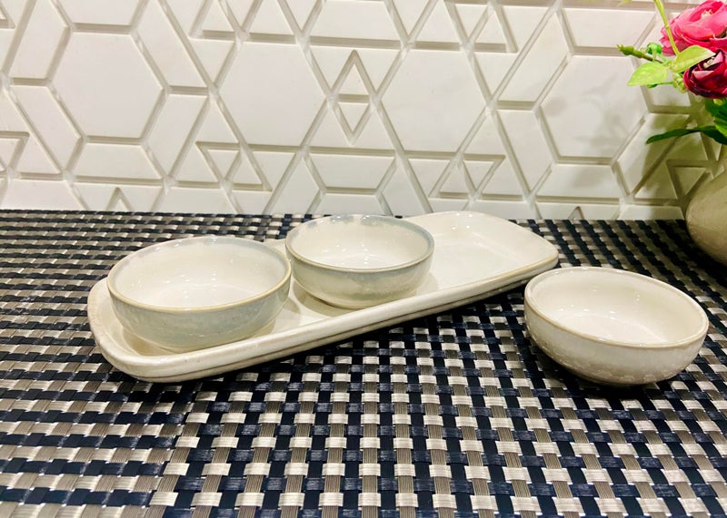 ALTAICA Prime Porcelain Serving Platter with Three Dip Bowls for Snacks, Starter - Perfect for Modern Kitchen- Beige Colur - Image 2