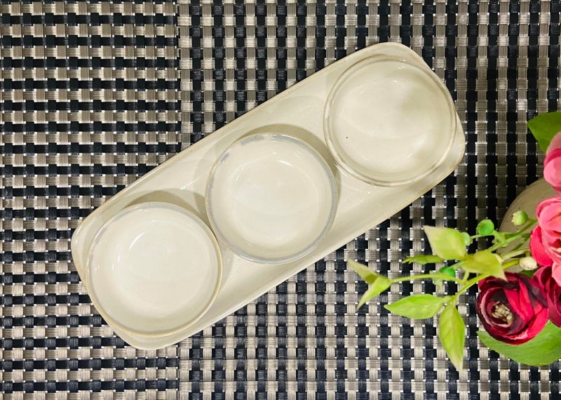 ALTAICA Prime Porcelain Serving Platter with Three Dip Bowls for Snacks, Starter - Perfect for Modern Kitchen- Beige Colur - Image 3