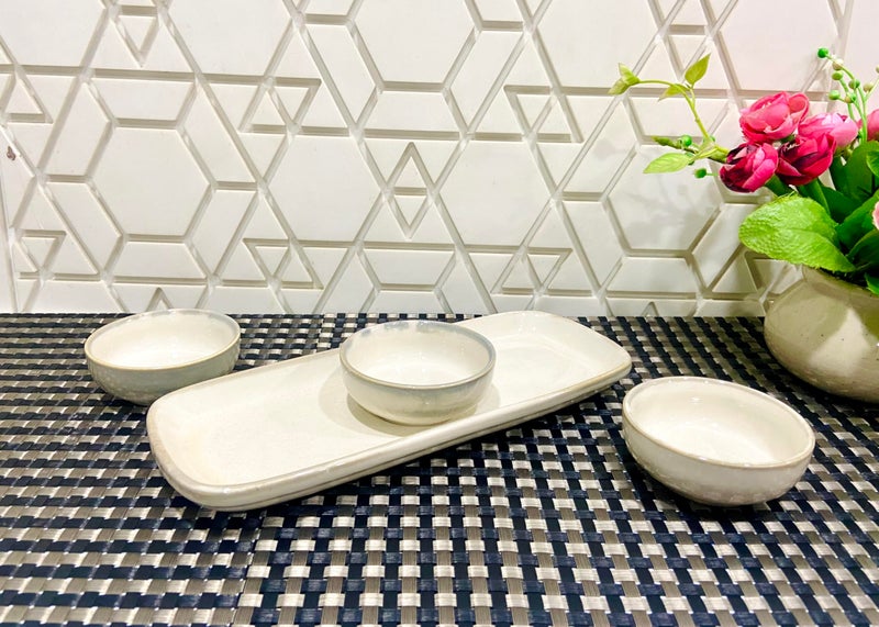 ALTAICA Prime Porcelain Serving Platter with Three Dip Bowls for Snacks, Starter - Perfect for Modern Kitchen- Beige Colur - Image 4