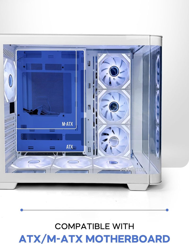 Tortox CURVO White ATX/M-ATX/ITX Gaming PC Case with 7x120mm ARGB PWM Fans, 360MM Radiator Support, Type-C USB Port, 3xSSD Slot SPCC Tempered Glass Tower Gaming Case - Image 3