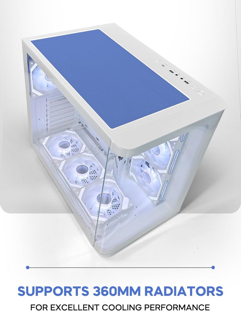 Tortox CURVO White ATX/M-ATX/ITX Gaming PC Case with 7x120mm ARGB PWM Fans, 360MM Radiator Support, Type-C USB Port, 3xSSD Slot SPCC Tempered Glass Tower Gaming Case - Image 4