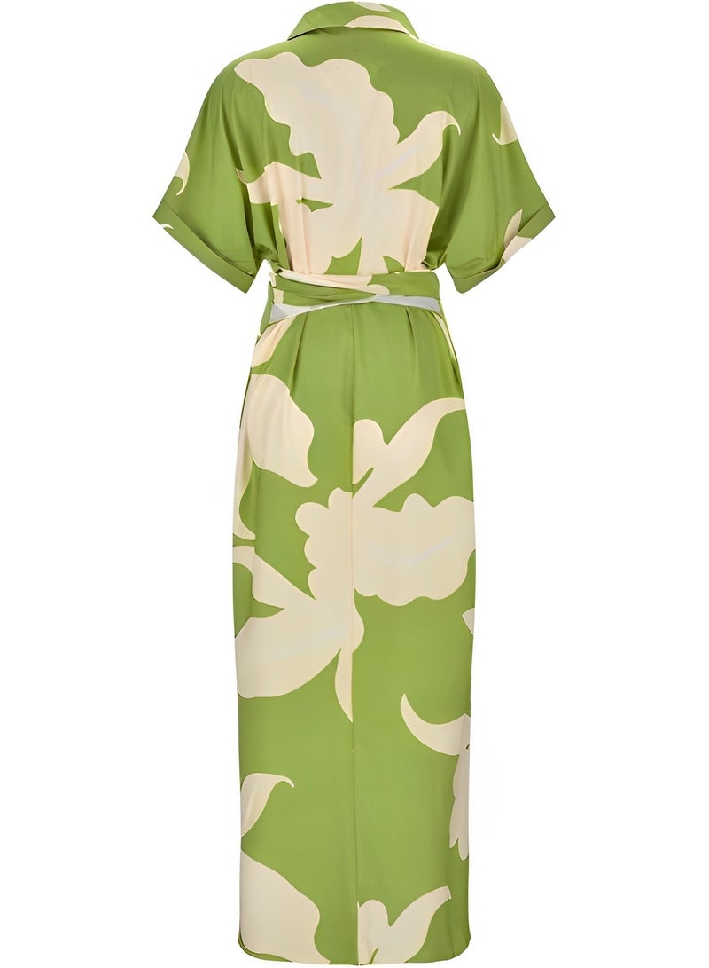 REOCLE Women's Button Down Ruched Shirt Dresses with Fashion Print Short Sleeve Lapel V Neck Maxi Satin Dress for Elegant Party - Image 3