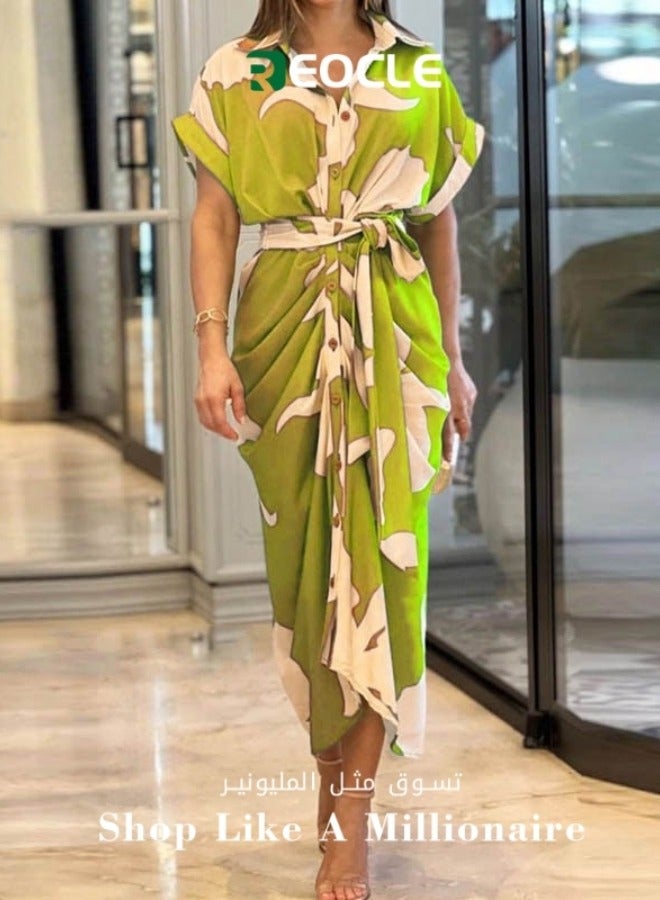 REOCLE Women's Button Down Ruched Shirt Dresses with Fashion Print Short Sleeve Lapel V Neck Maxi Satin Dress for Elegant Party - Image 1
