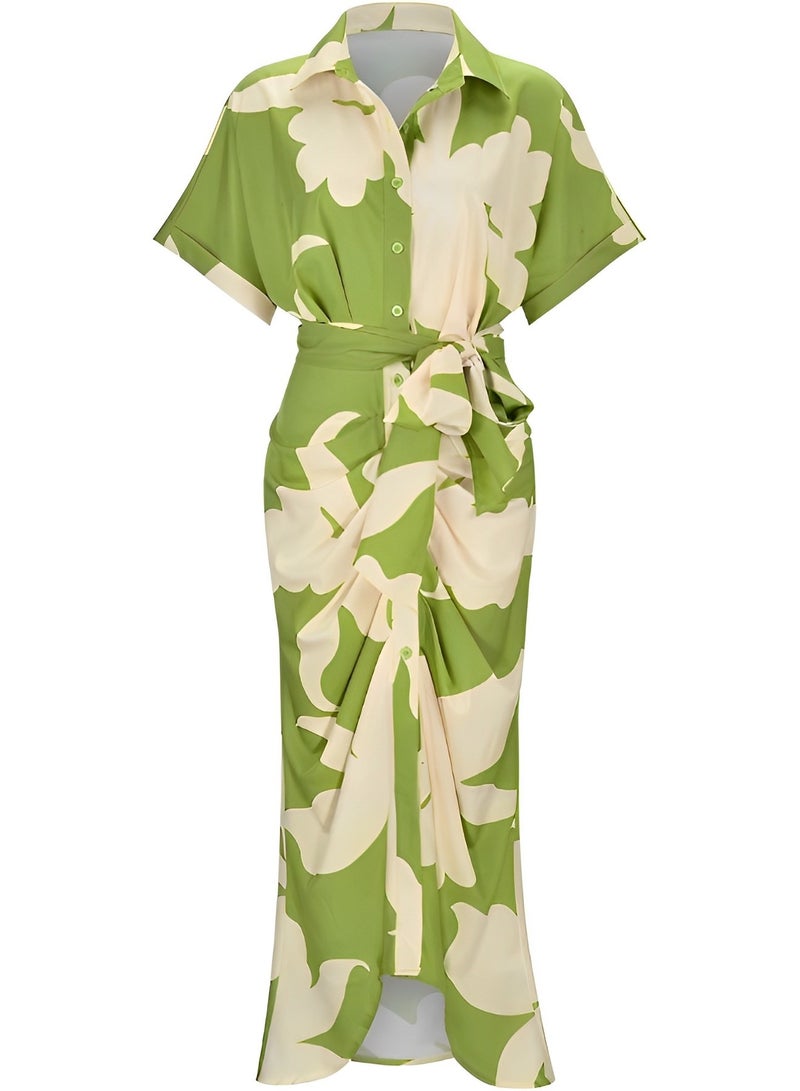 REOCLE Women's Button Down Ruched Shirt Dresses with Fashion Print Short Sleeve Lapel V Neck Maxi Satin Dress for Elegant Party - Image 2