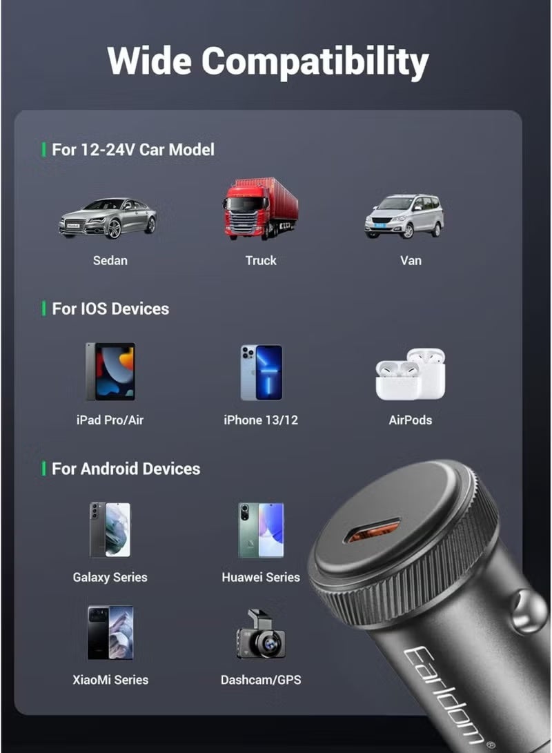 Earldom PD 30W Fast Car Charger Adapter with Type-C to Lightning Cable, USB-C Power Delivery Car Charger for iPhone 16 15 14 13 12 11, iPad, Samsung S24 S23 S22, Xiaomi, AirPods, Apple Watch – Black - Image 3