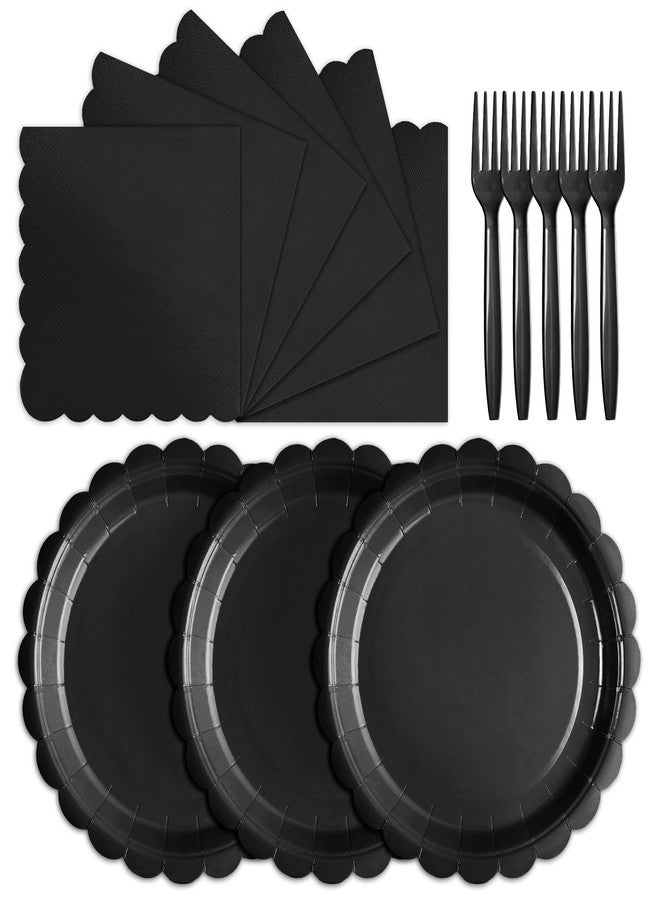 Tyzarglef 105PCS Paper Plates and Napkins Set,7 Inch Scalloped Disposable Tableware with Forks for Birthdays, Garden Parties & Outdoor Events,Serves 35 (Black) - Image 1