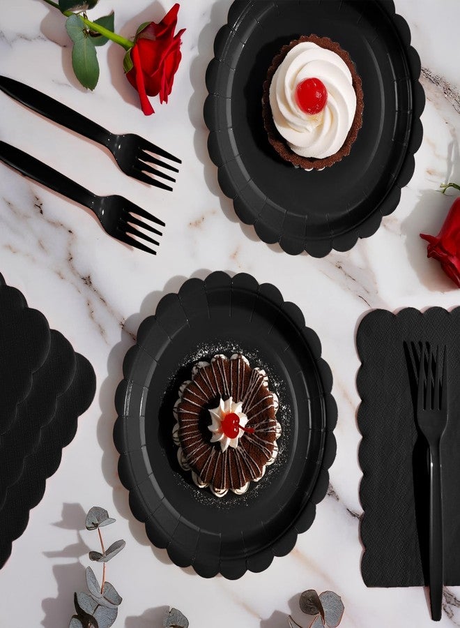 Tyzarglef 105PCS Paper Plates and Napkins Set,7 Inch Scalloped Disposable Tableware with Forks for Birthdays, Garden Parties & Outdoor Events,Serves 35 (Black) - Image 4