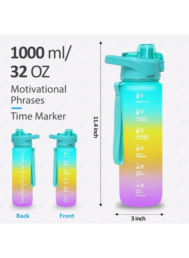 Rubik Water Bottle 1L With Motivational Time Marker, Large Leak Proof Bpa Free Tritan Plastic Water Bottle For Kids School Fitness Gym Office Outdoor Sports And Exercise (Green) - Image 2