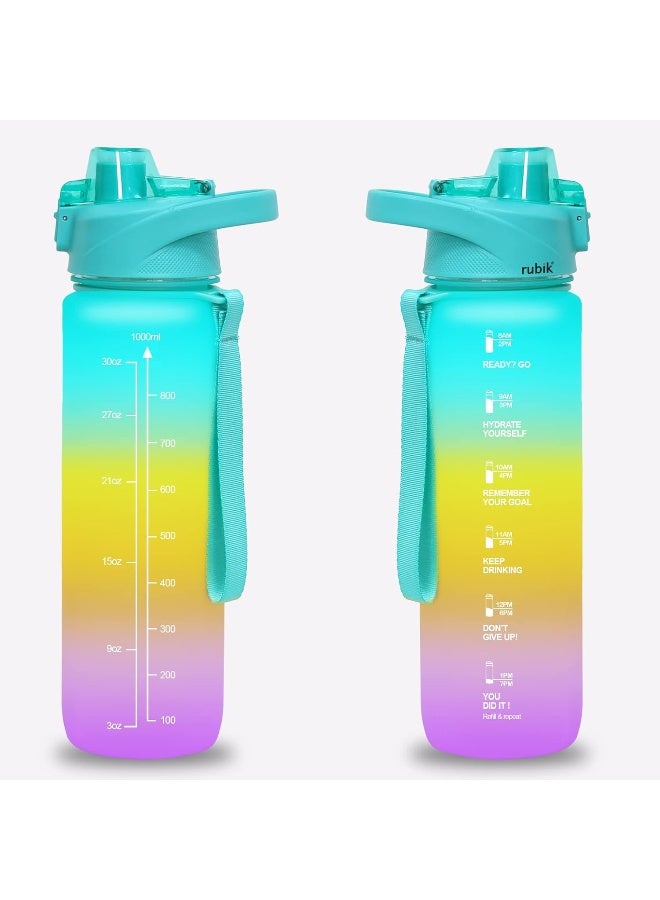 Rubik Water Bottle 1L With Motivational Time Marker, Large Leak Proof Bpa Free Tritan Plastic Water Bottle For Kids School Fitness Gym Office Outdoor Sports And Exercise (Green) - Image 1