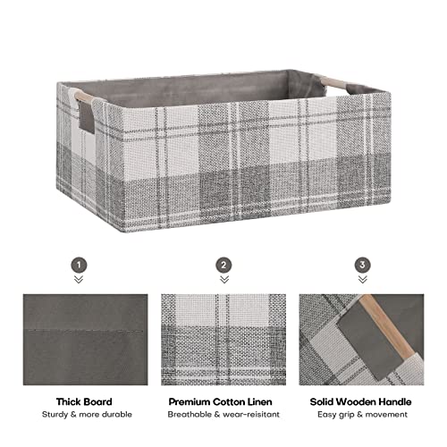 LaMorÃ©e LaMore Fabric Storage Bin Box Collapsible Cotton Linen Storage Cube with Wooden Handles Rectangular Decorative Home Organizer Clothes Blanket Basket Light Gray Plaid Medium - Image 3
