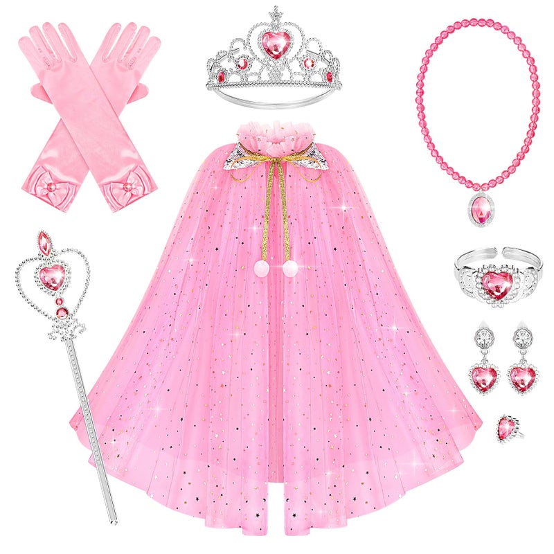 Hapgo 10 Pieces Princess Cape Set Dress up Clothes for Little Girls Party Cosplay Cloak with Jewelry Tiara Crown Wand Gloves - Image 2