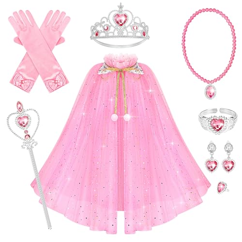 Hapgo 10 Pieces Princess Cape Set Dress up Clothes for Little Girls Party Cosplay Cloak with Jewelry Tiara Crown Wand Gloves - Image 1