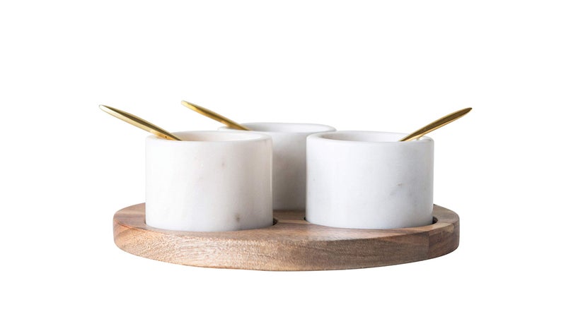 Bloomingville Round Acacia Wood Board with 3 Marble Pinch Pots 3 Spoons Set of 7 Pieces