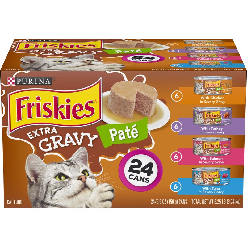 Friskies Purina Friskies Pate Wet Cat Food Variety Pack, Extra Gravy Pate Chicken, Turkey, Salmon & Tuna - (24) 5.5 oz. Cans - Image 1