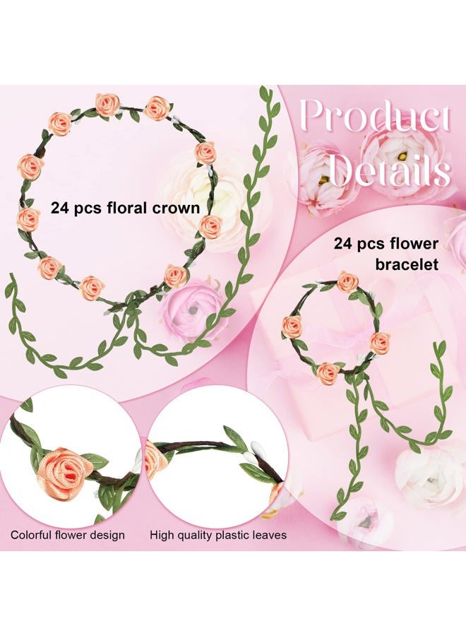 XunYee 48 Pcs Flower Crowns and Bracelets Kit 24 Boho Flower Garland Headbands Hair Wreath 24 Floral Wristbands for Girls Wedding Birthday Party Supplies - Image 3