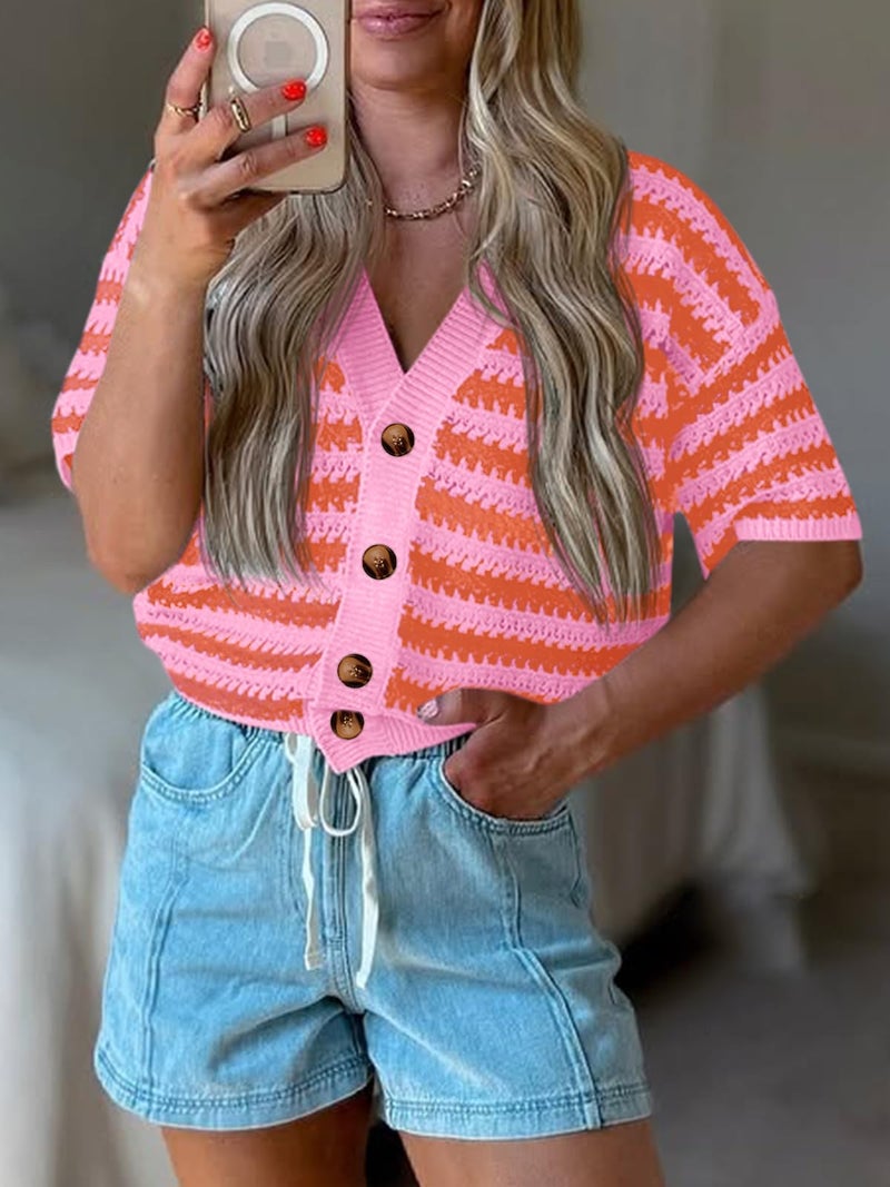 Saodimallsu Womens Short Sleeve Striped Cardigan Sweaters Crochet Knit Button Down Shirts V Neck Spring Summer Tops Orange - Image 2