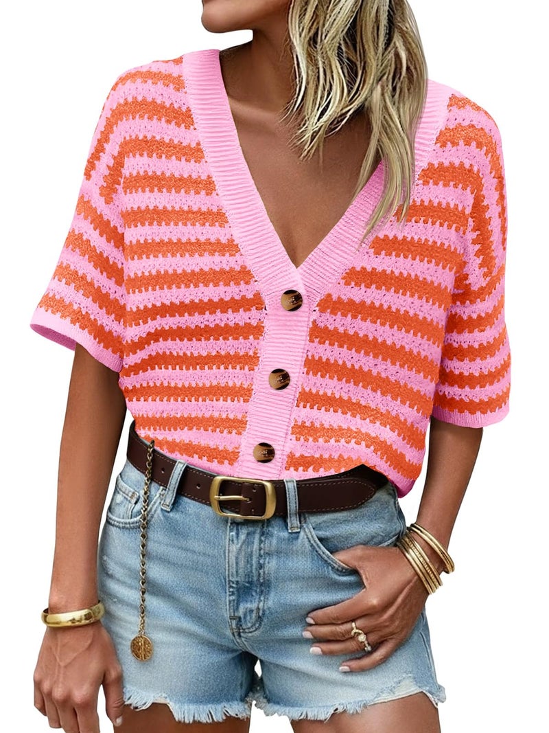Saodimallsu Womens Short Sleeve Striped Cardigan Sweaters Crochet Knit Button Down Shirts V Neck Spring Summer Tops Orange - Image 1
