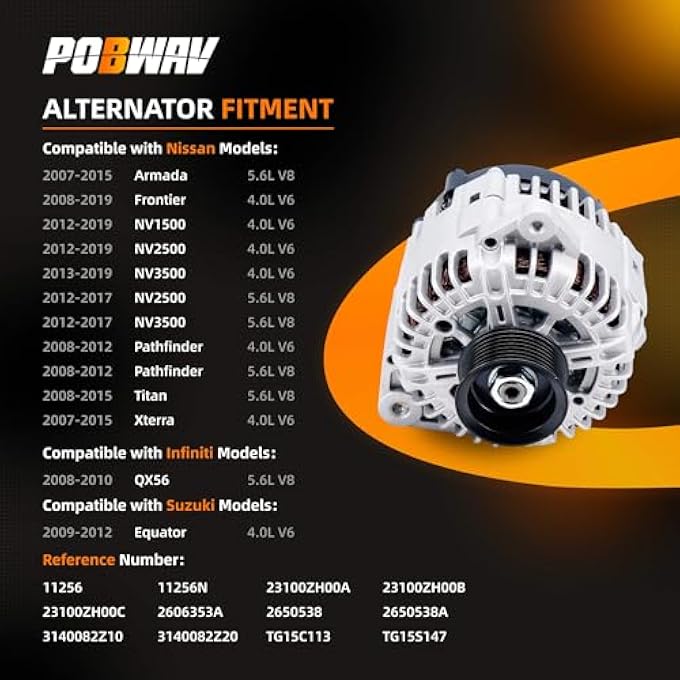POBWAV 11256N 23100-ZH00A NEW Alternator Compatible with Nissan Frontier 2008-2019, Armada 2007-2015,Pathfinder 2008-2012, Titan 2008-2015, Xterra & Infiniti QX56 Replace#23100-ZH00B 11256 - Image 2