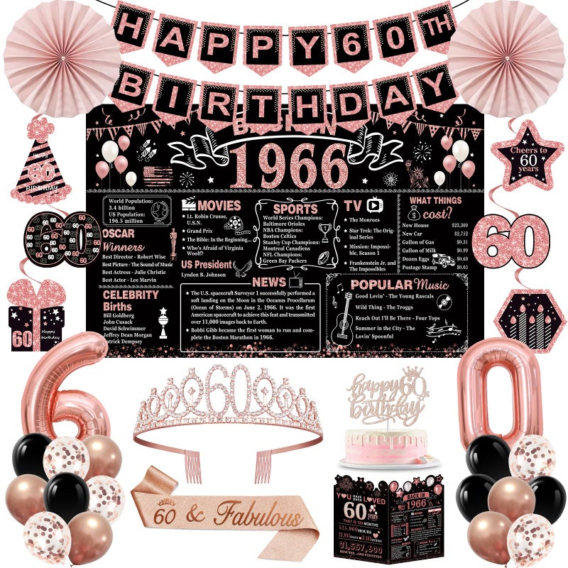 YeohJoy 60th Birthday Decorations for Women,32PCS Back in 1966 Birthday Party Decorations,Including Backdrop, Crown, Sash, banner, Hanging Swirl,Cake Topper,balloons,Paper Fans and Anniversary Card - Image 1