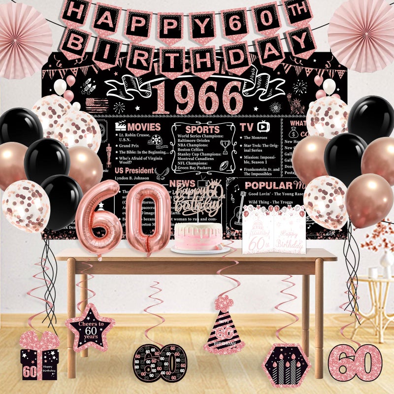 YeohJoy 60th Birthday Decorations for Women,32PCS Back in 1966 Birthday Party Decorations,Including Backdrop, Crown, Sash, banner, Hanging Swirl,Cake Topper,balloons,Paper Fans and Anniversary Card - Image 2