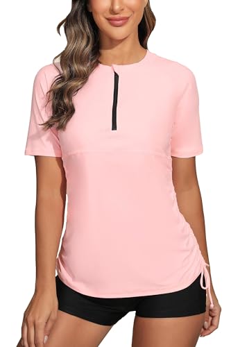 Halcurt Womens Half Zip Short Sleeve Rash Guard Swim Shirt with Tie Drawstring UPF50 Swimsuit Top Light Pink M - Image 1