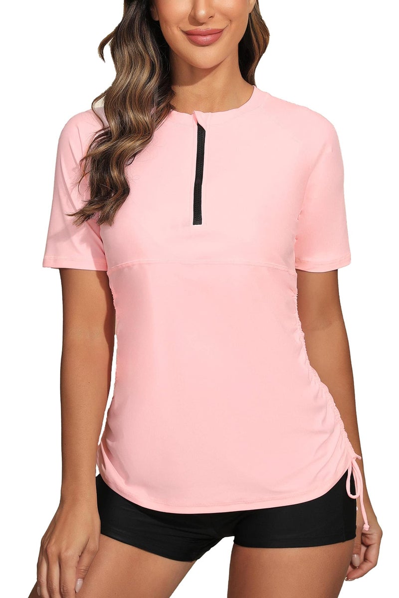 Halcurt Womens Half Zip Short Sleeve Rash Guard Swim Shirt with Tie Drawstring UPF50 Swimsuit Top Light Pink M - Image 2