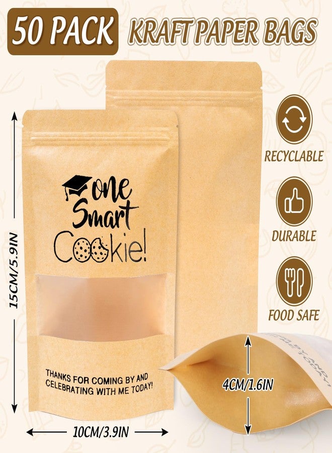 Whaline 50 Pcs Graduation Candy Gift Bags Mini One Smart Cookie Kraft Paper Zip Resealable Bags Small Congrats Grad Brown Stand Up Pouches with Window for Class of 2026 Party Decoration Supplies - Image 2