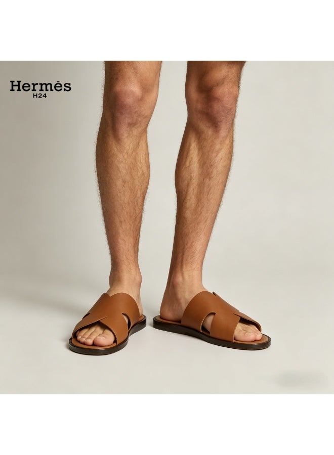 Hermes H24 صندل هيرميس H24 إزمير للرجال، صيفي، بدون أربطة، مسطح، بمقدمة مستديرة، بني - Image 5