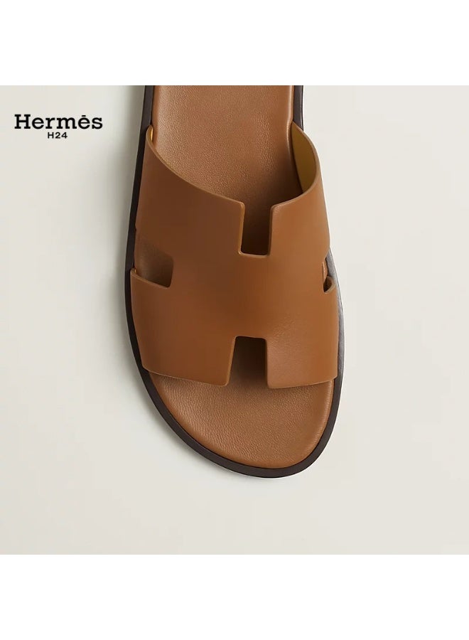 Hermes H24 صندل هيرميس H24 إزمير للرجال، صيفي، بدون أربطة، مسطح، بمقدمة مستديرة، بني - Image 4
