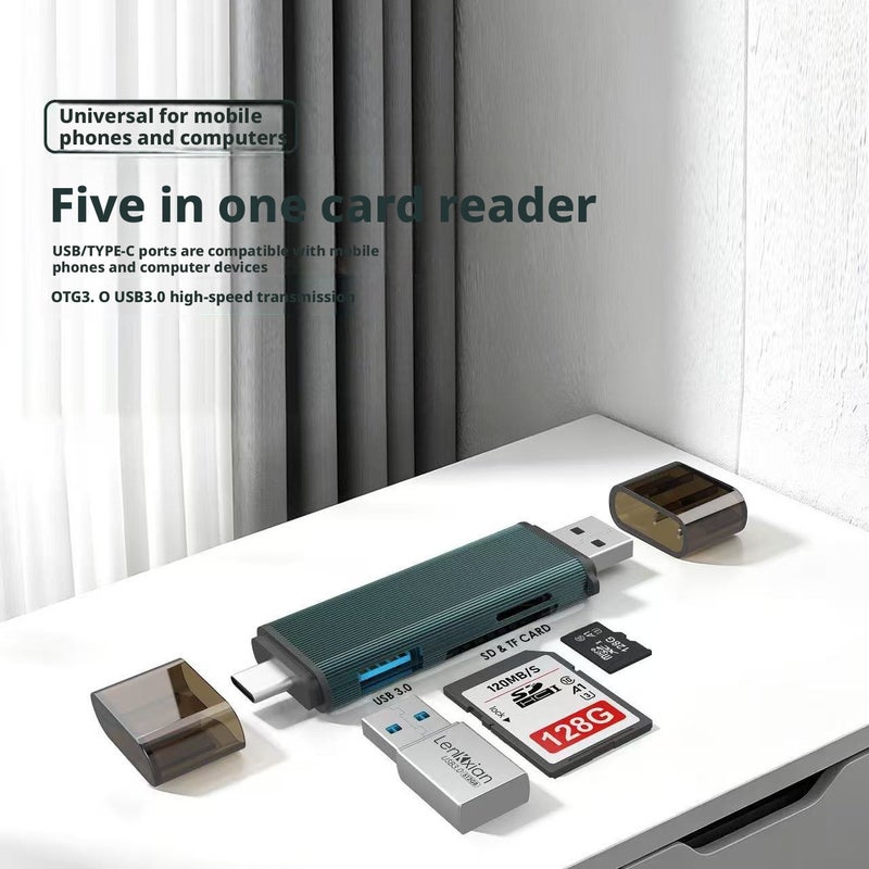 5-in-1 USB 3.0 Type-C Card Reader for SD/TF Memory Cards - Image 1