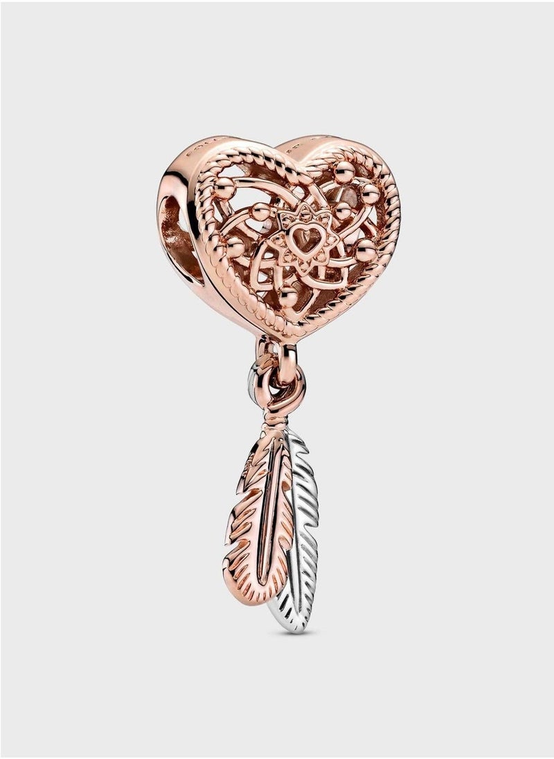PANDORA Openwork Heart & Two Feathers Dreamcatcher Charm  - Image 1