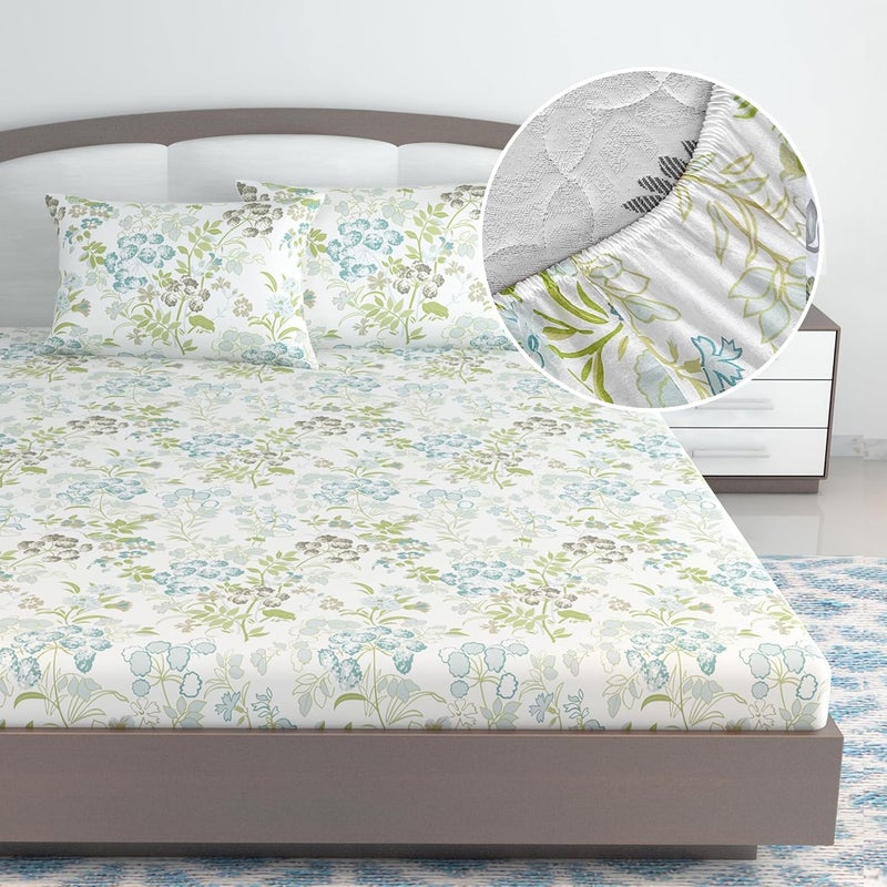 Divine Casa 144 TC 100 Cotton Floral Print Green Super Soft Bedsheet Elastic Fitted King Size Bed 78 x 72 inches