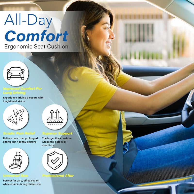 Allaboutsla Ergonomic Memory Foam Car Seat Cushion for Sciatica Pain Relief - Classic Black - Image 3